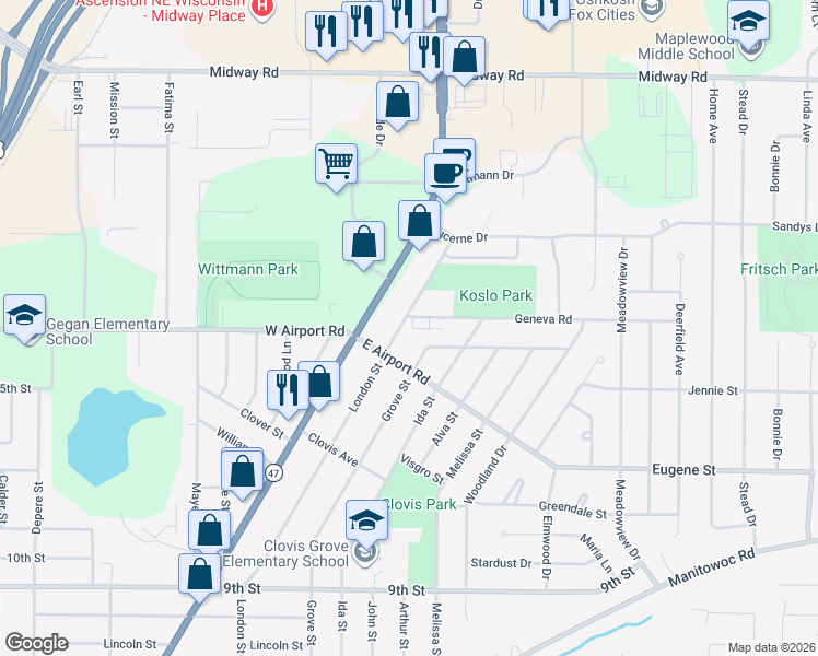 map of restaurants, bars, coffee shops, grocery stores, and more near 1109 London Street in Menasha