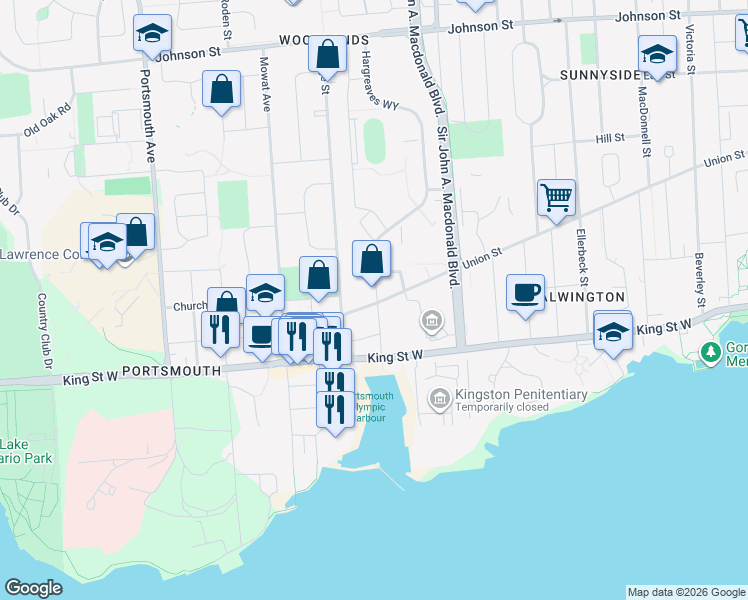 map of restaurants, bars, coffee shops, grocery stores, and more near 62 Gardiner Street in Kingston