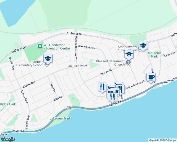 map of restaurants, bars, coffee shops, grocery stores, and more near 55 Hyland Court in Lennox and Addington County