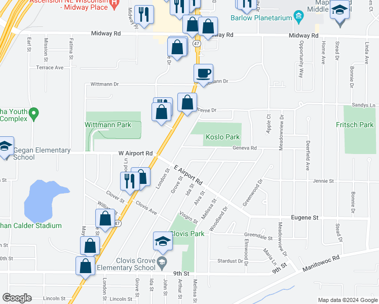 map of restaurants, bars, coffee shops, grocery stores, and more near 1101 Geneva Road in Menasha