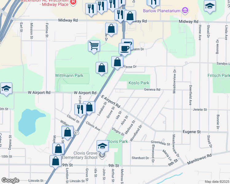map of restaurants, bars, coffee shops, grocery stores, and more near 1101 Geneva Road in Menasha