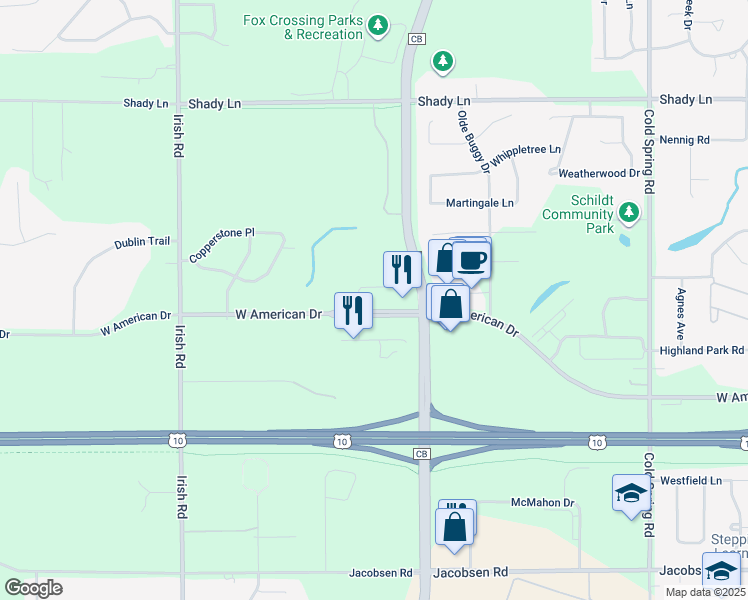 map of restaurants, bars, coffee shops, grocery stores, and more near 1500 West American Drive in Neenah