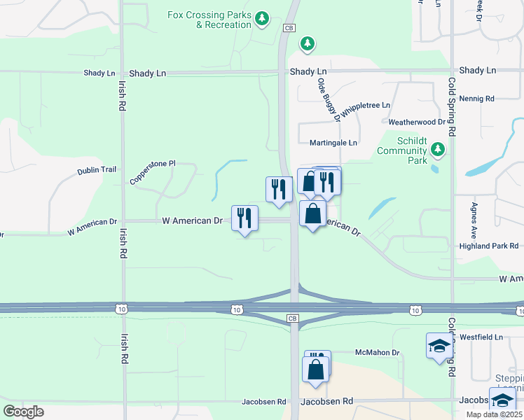 map of restaurants, bars, coffee shops, grocery stores, and more near 1500 West American Drive in Neenah
