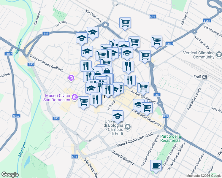map of restaurants, bars, coffee shops, grocery stores, and more near 13 Piazza Aurelio Saffi in Forlì