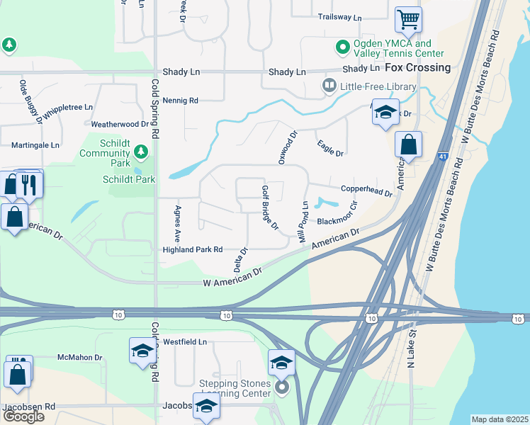 map of restaurants, bars, coffee shops, grocery stores, and more near 1701 Golf Bridge Drive in Neenah