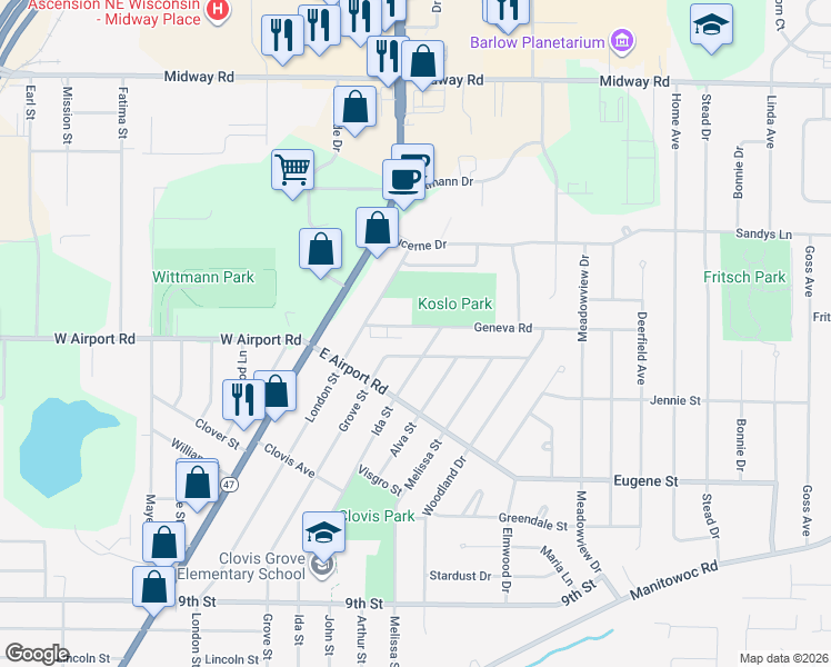 map of restaurants, bars, coffee shops, grocery stores, and more near 1121 Geneva Road in Menasha