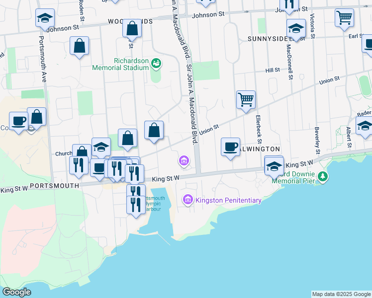 map of restaurants, bars, coffee shops, grocery stores, and more near 40 Sir John A. Macdonald Boulevard in Kingston