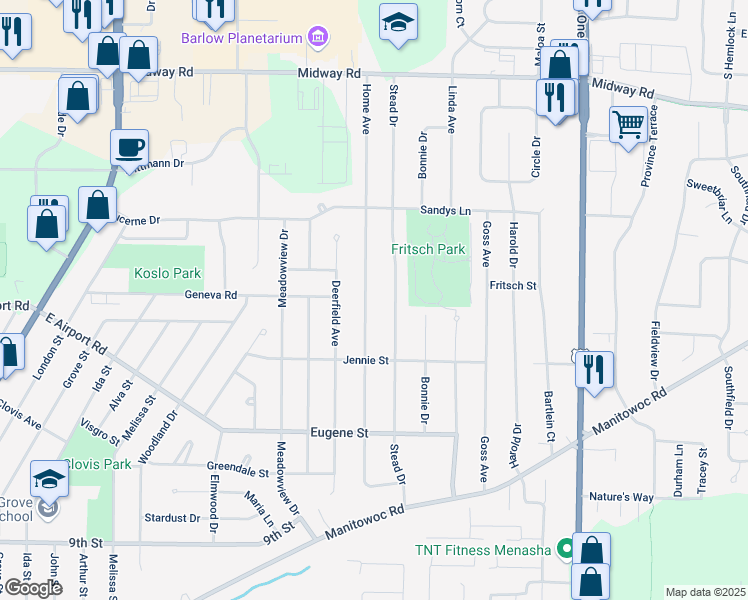 map of restaurants, bars, coffee shops, grocery stores, and more near 1223 Home Avenue in Menasha