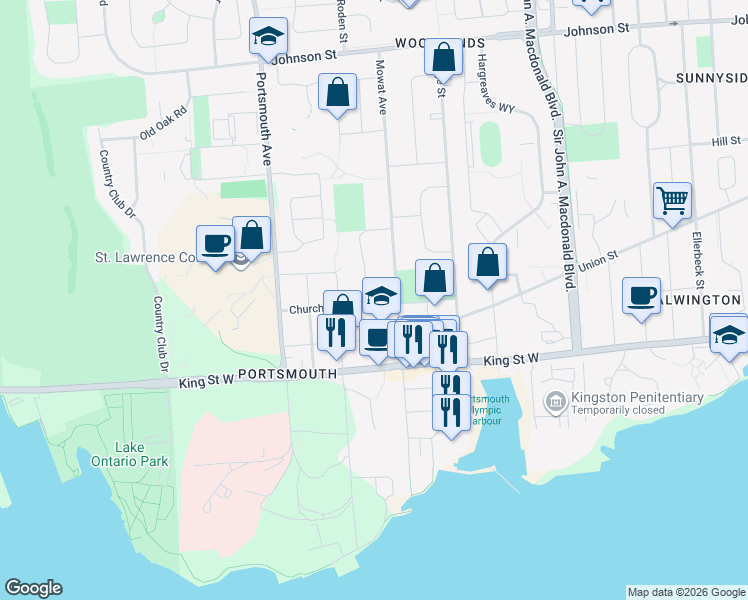 map of restaurants, bars, coffee shops, grocery stores, and more near 1 Churchill Street in Kingston