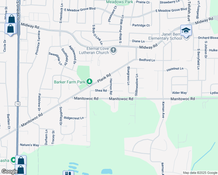 map of restaurants, bars, coffee shops, grocery stores, and more near 7061 Verna Road in Menasha