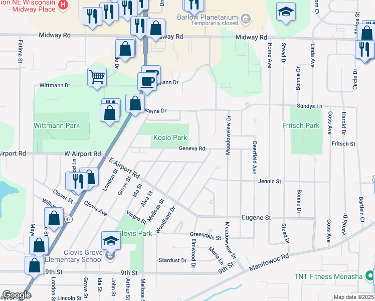 map of restaurants, bars, coffee shops, grocery stores, and more near 1301 Geneva Road in Menasha