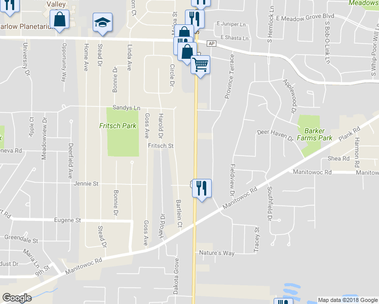 map of restaurants, bars, coffee shops, grocery stores, and more near 1226 Oneida Street in Menasha