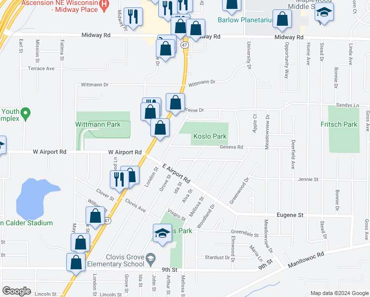 map of restaurants, bars, coffee shops, grocery stores, and more near 1113 Geneva Road in Menasha