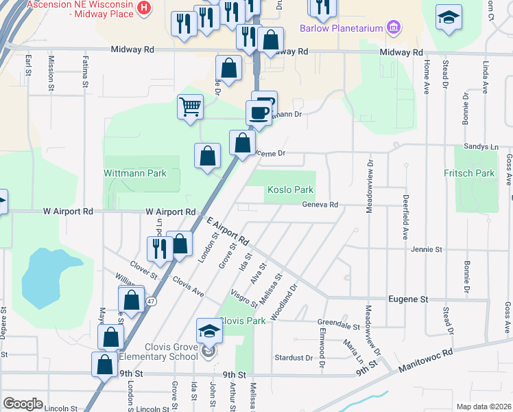 map of restaurants, bars, coffee shops, grocery stores, and more near 1121 Geneva Road in Menasha