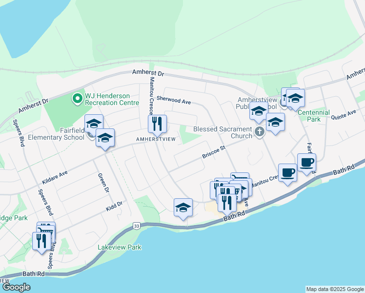 map of restaurants, bars, coffee shops, grocery stores, and more near 55 Hyland Court in Lennox and Addington County