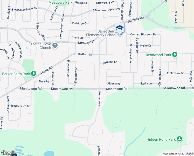 map of restaurants, bars, coffee shops, grocery stores, and more near N9135 Kernan Avenue in Appleton