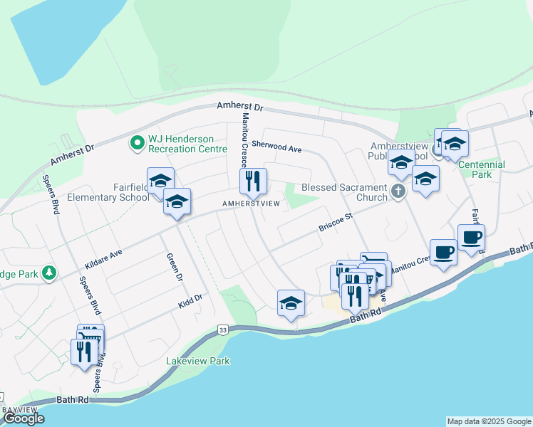 map of restaurants, bars, coffee shops, grocery stores, and more near 24-77 Manitou Crescent West in Lennox and Addington County