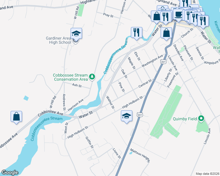 map of restaurants, bars, coffee shops, grocery stores, and more near 548 Water Street in Gardiner