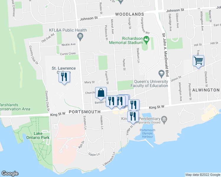 map of restaurants, bars, coffee shops, grocery stores, and more near 5 Francis Street in Kingston