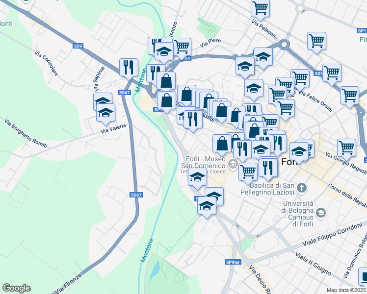 map of restaurants, bars, coffee shops, grocery stores, and more near 48 Viale Salinatore in Forli