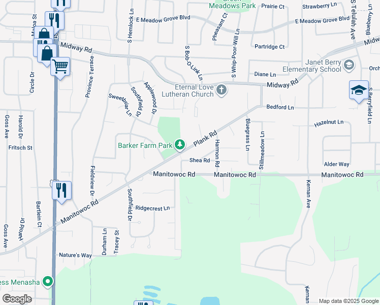 map of restaurants, bars, coffee shops, grocery stores, and more near W7089 Plank Road in Menasha