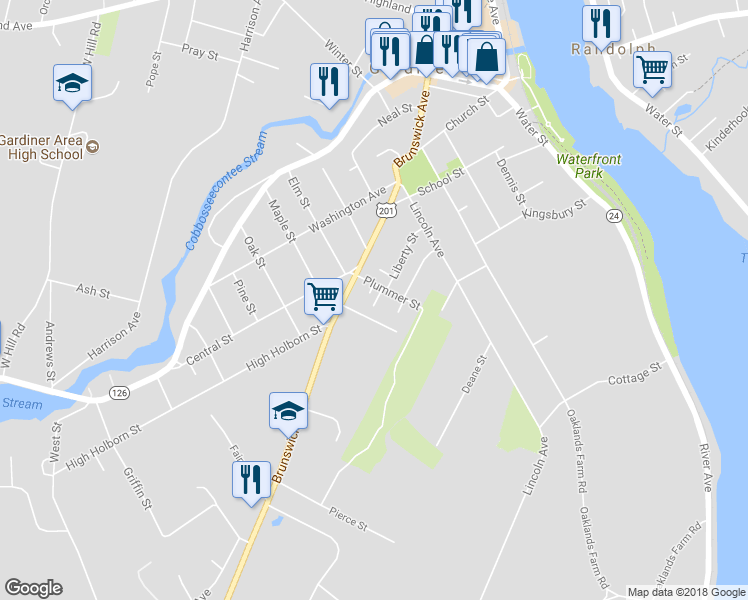 map of restaurants, bars, coffee shops, grocery stores, and more near 11 Plummer Court in Gardiner