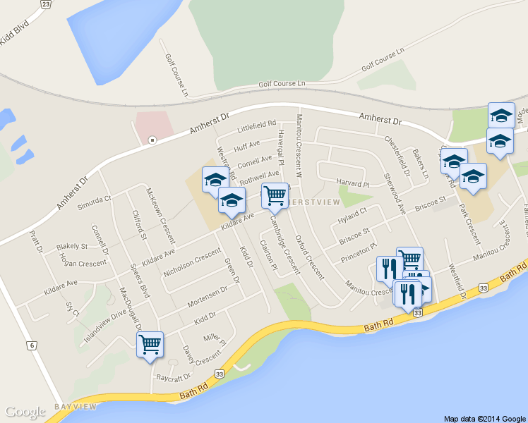 map of restaurants, bars, coffee shops, grocery stores, and more near 38 Kildare Avenue in Lennox and Addington County