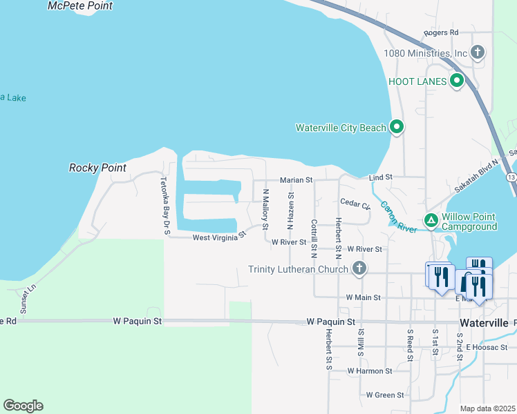 map of restaurants, bars, coffee shops, grocery stores, and more near 803 Lillian Street in Waterville