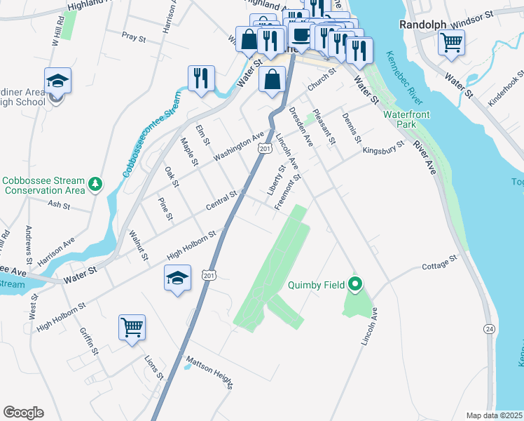 map of restaurants, bars, coffee shops, grocery stores, and more near 21 Plummer Street in Gardiner