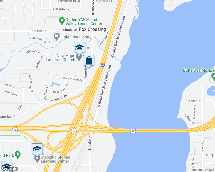 map of restaurants, bars, coffee shops, grocery stores, and more near 1717 West Butte Des Morts Beach Road in Neenah