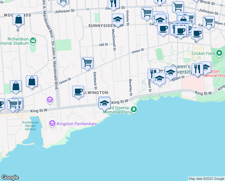 map of restaurants, bars, coffee shops, grocery stores, and more near in Kingston