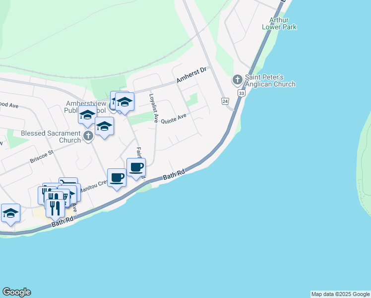 map of restaurants, bars, coffee shops, grocery stores, and more near 7-23 Addington Court in Lennox and Addington County