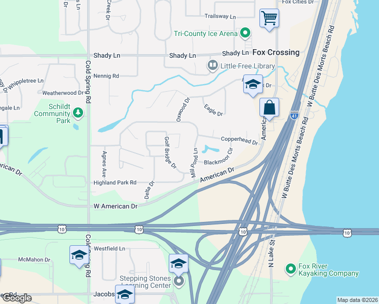 map of restaurants, bars, coffee shops, grocery stores, and more near 1755 Golf Bridge Drive in Neenah