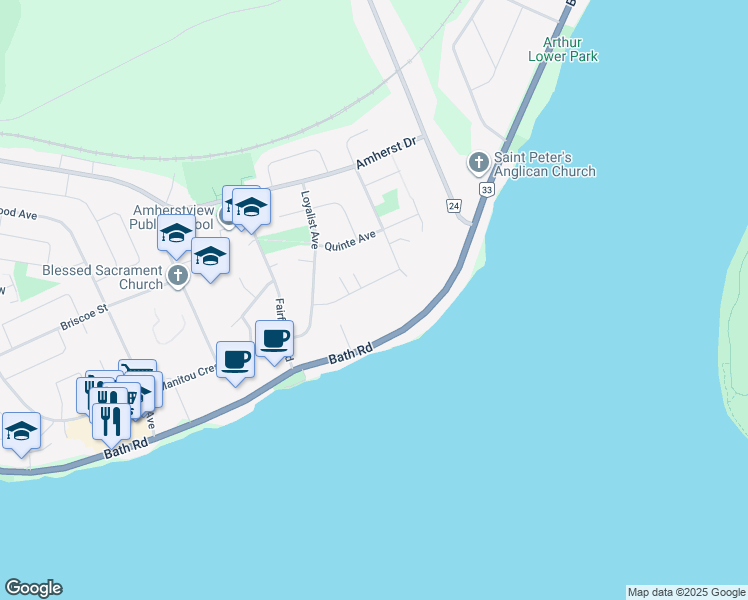 map of restaurants, bars, coffee shops, grocery stores, and more near 7-23 Addington Court in Lennox and Addington County