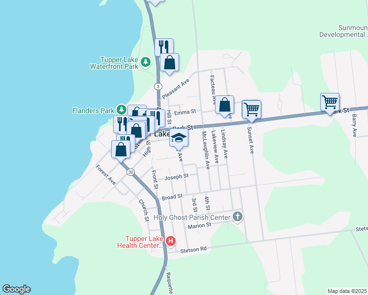 map of restaurants, bars, coffee shops, grocery stores, and more near 25 Chaney Avenue in Tupper Lake