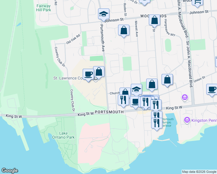 map of restaurants, bars, coffee shops, grocery stores, and more near 77 Portsmouth Avenue in Kingston