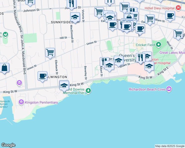 map of restaurants, bars, coffee shops, grocery stores, and more near 28 Collingwood St in Kingston