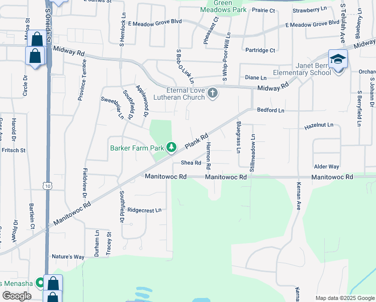 map of restaurants, bars, coffee shops, grocery stores, and more near W7089 Plank Road in Menasha