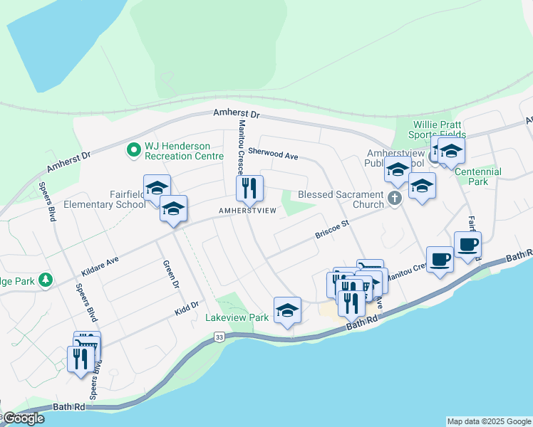 map of restaurants, bars, coffee shops, grocery stores, and more near 24-77 Manitou Crescent West in Lennox and Addington County
