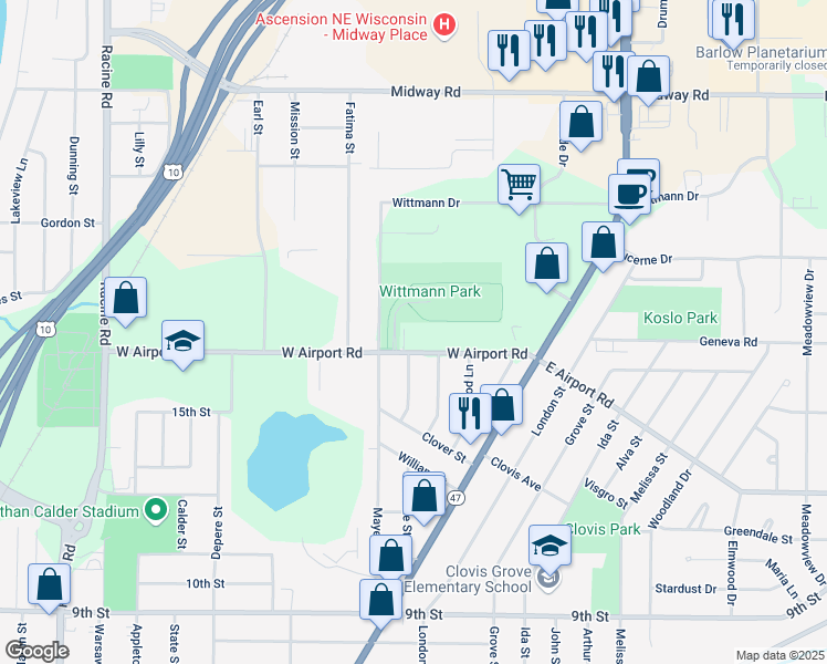 map of restaurants, bars, coffee shops, grocery stores, and more near 878 West Airport Road in Menasha