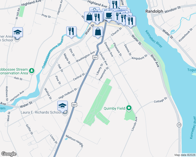 map of restaurants, bars, coffee shops, grocery stores, and more near 36 Plummer Street in Gardiner