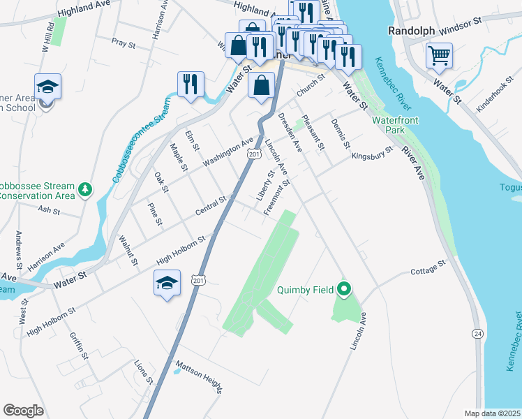 map of restaurants, bars, coffee shops, grocery stores, and more near 24 Plummer Street in Gardiner