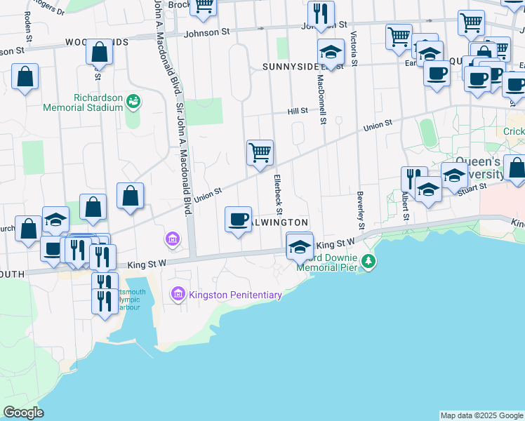 map of restaurants, bars, coffee shops, grocery stores, and more near in Kingston