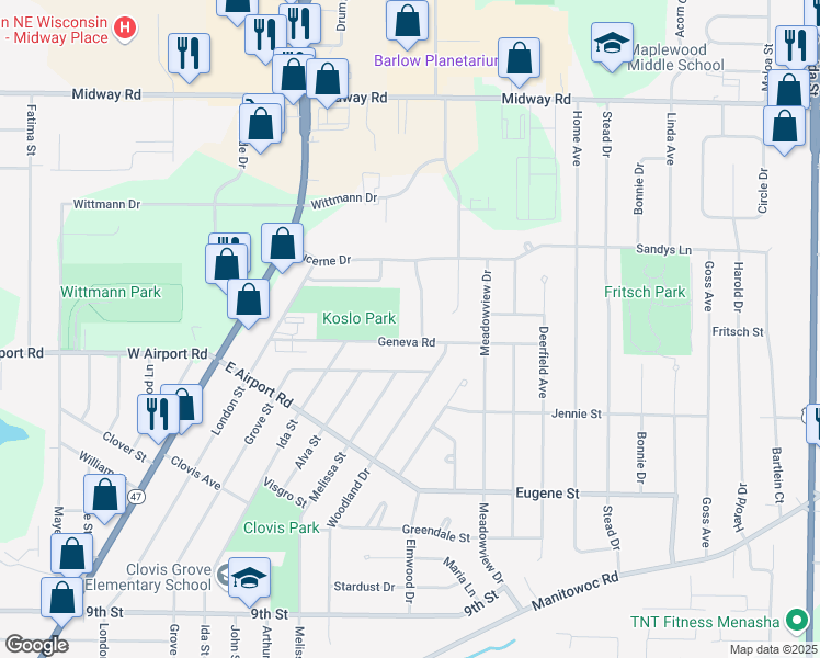 map of restaurants, bars, coffee shops, grocery stores, and more near 1301 Geneva Road in Menasha