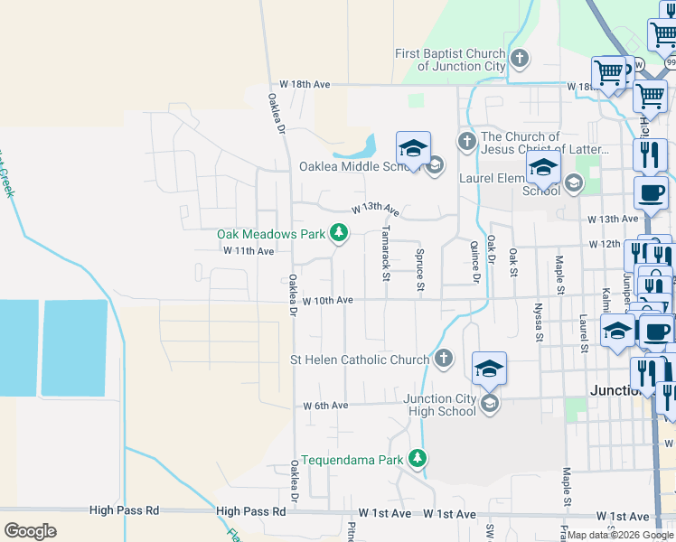 map of restaurants, bars, coffee shops, grocery stores, and more near 1106 Vine Street in Junction City