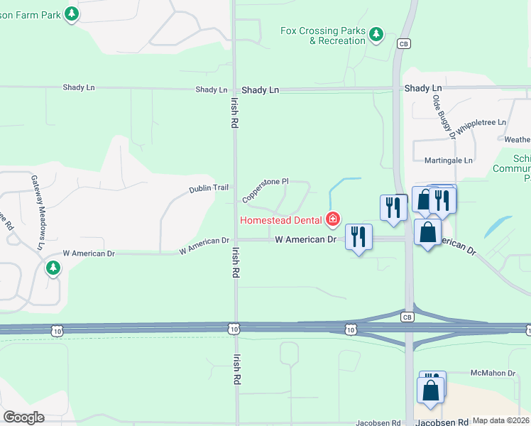 map of restaurants, bars, coffee shops, grocery stores, and more near 1715 Oak Hollow Lane in Neenah