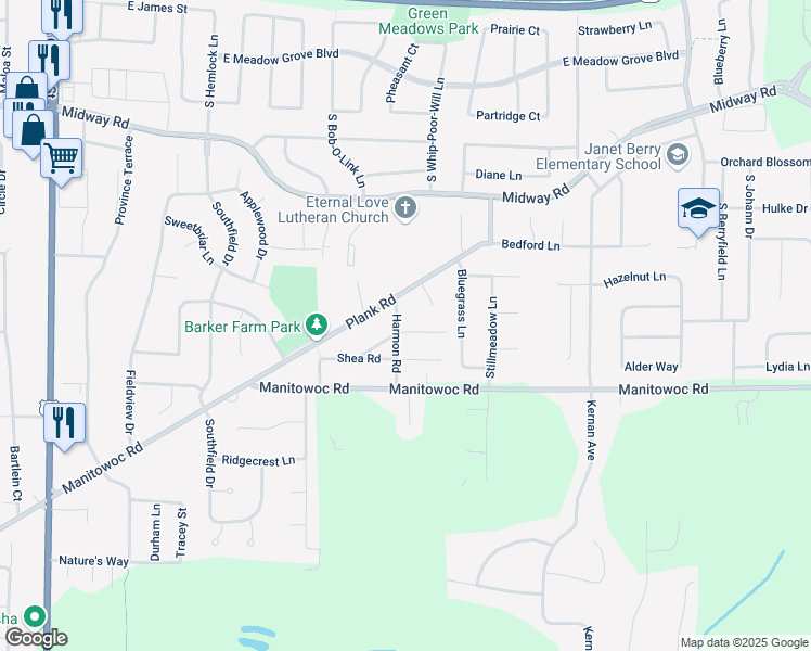 map of restaurants, bars, coffee shops, grocery stores, and more near 7061 Verna Road in Menasha