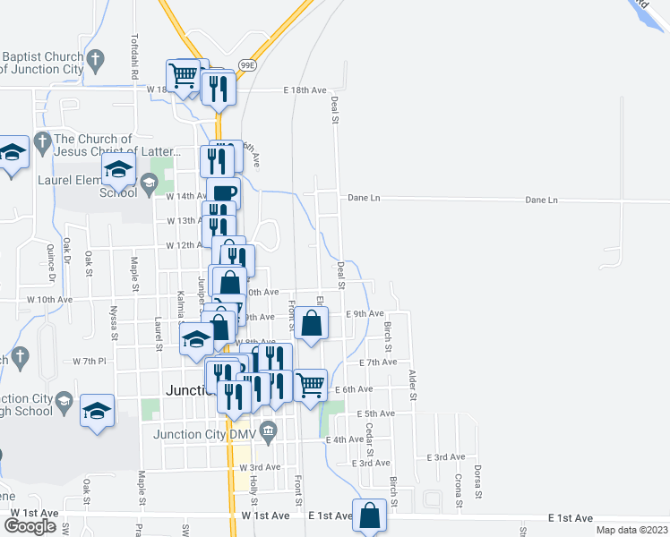 map of restaurants, bars, coffee shops, grocery stores, and more near 265 East 11th Avenue in Junction City