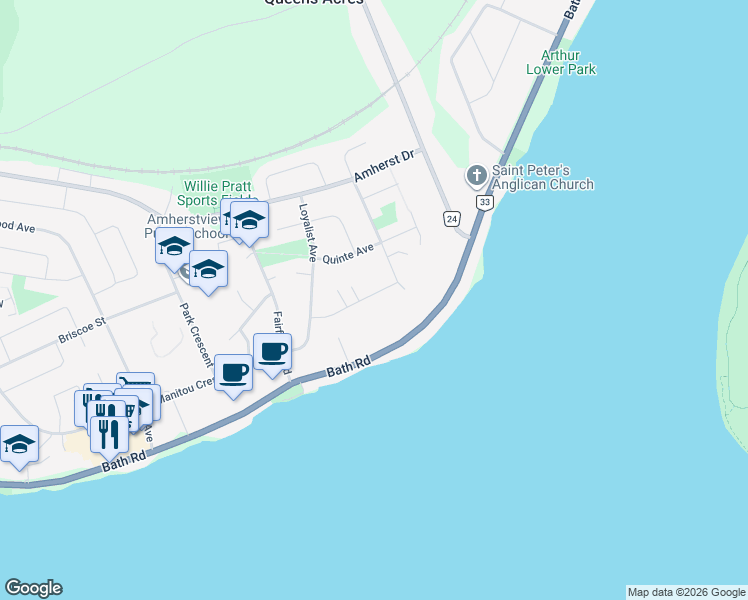 map of restaurants, bars, coffee shops, grocery stores, and more near 27 Addington Street in Lennox and Addington County