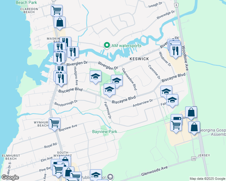 map of restaurants, bars, coffee shops, grocery stores, and more near 100 Biscayne Boulevard in Georgina